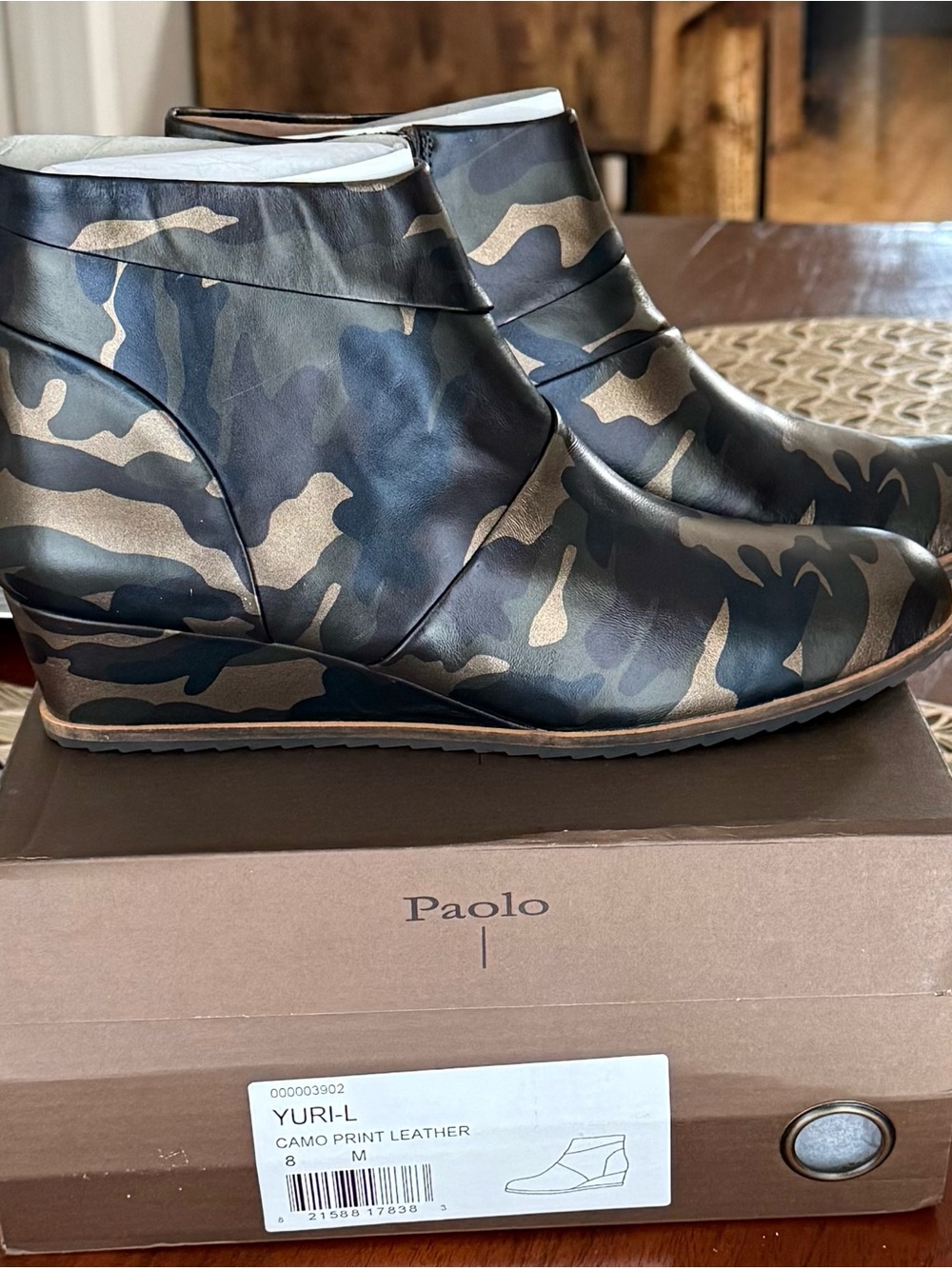 LINEA PAOLO Felicia Camo Leather Hidden Wedge Booties Sneaker 8W
